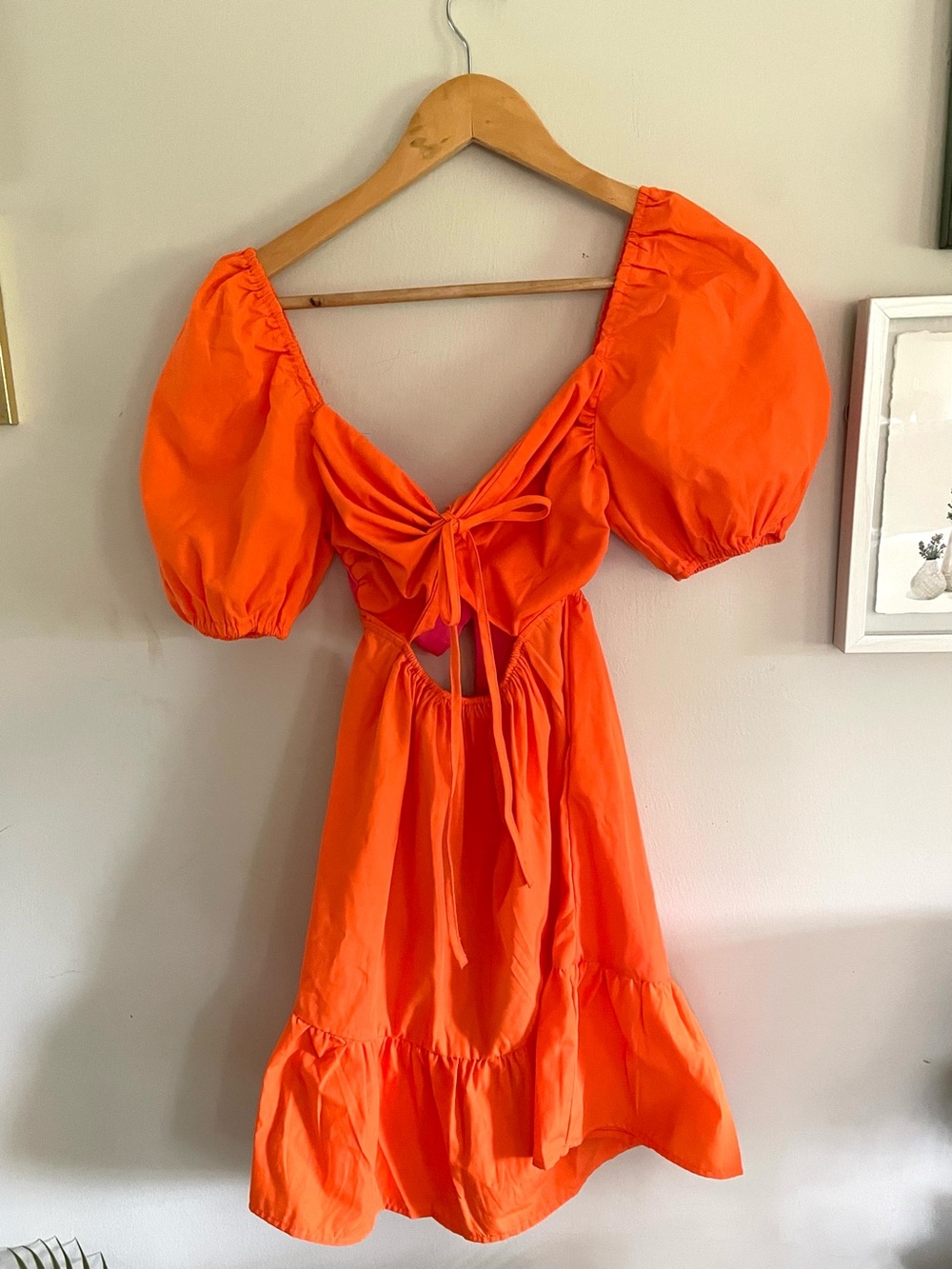 Orange Tie-Front Puff-Sleeve Midi Dress
